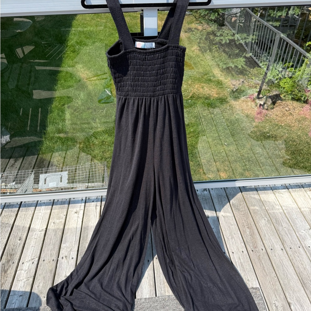 Free People Beach Black Wide-Leg Jumpsuit with Smocked Bodice